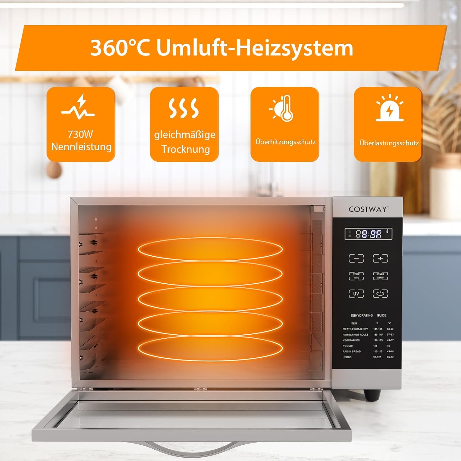 COSTWAY Dehydrator with 8 Grid Trays, 620W Dehydrator 30-70°C Temperature Control & 24H Timer, Overheating & Overload Protection, Food Dryer for Fruit, Meat, Vegetables