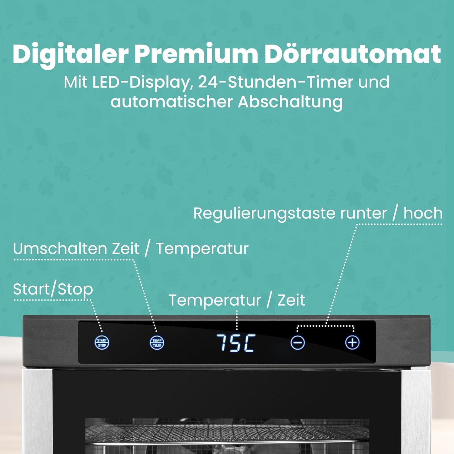 A-rival Dehydrator, Stainless Steel Dehydrator, Touch Control, Professional Dehydrator Stainless Steel, 24 Hour Timer, 6 Drying Trays + 3 Drying Mats, BPA-Free, 35 °C to 75 °C, Quiet Operation, 360°